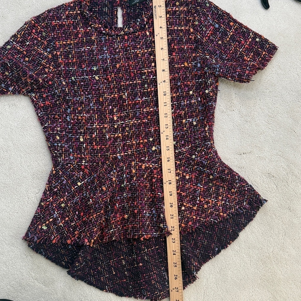 Zara Tweed Peplum Multicolor Purple Pink Raw Hem Drop Split Back Top Size XS - Picture 10 of 11